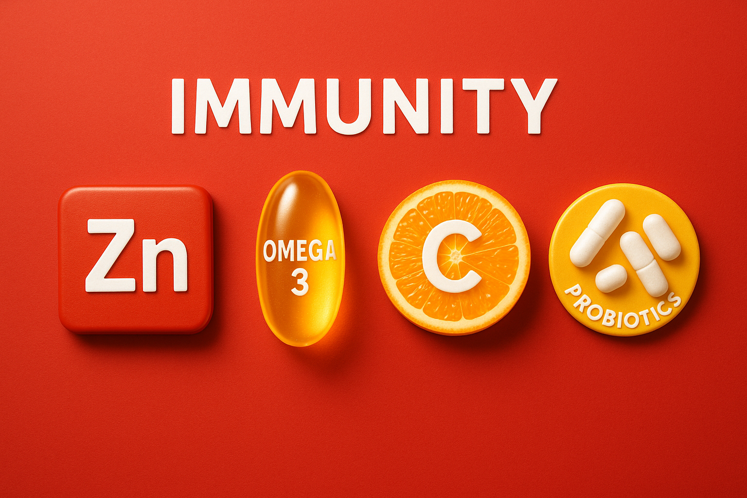 Immunity realistic image, use icons zinc, omega 3, vitamin C, probiotics. red, white, yellow main colors