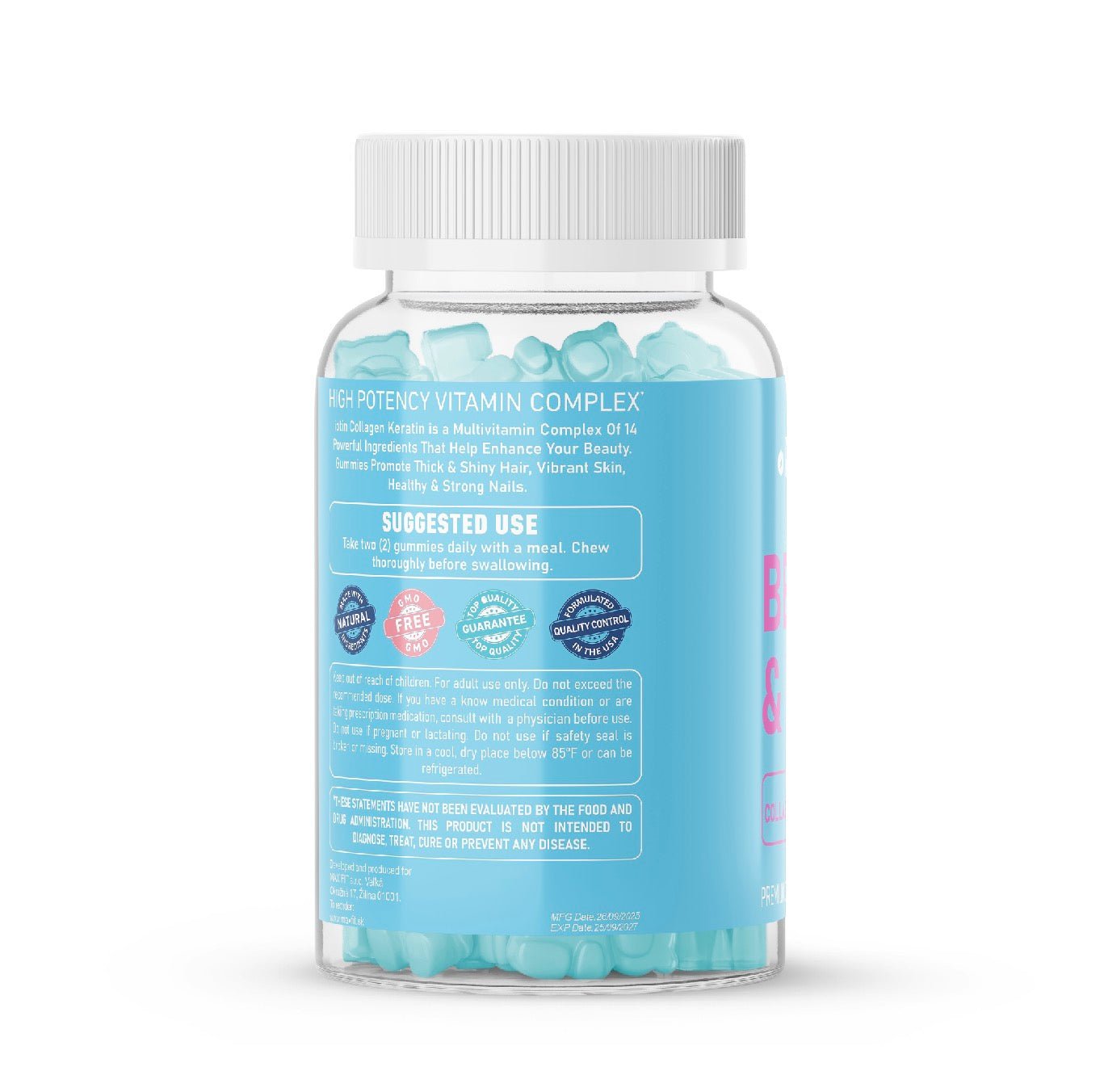 Prémiové Vitamínové gumíky na vlasy, nechty aj pleť. 14 Vitamínov - s Kolagénom, Keratínom, MSM & Biotínom - MAX FIT