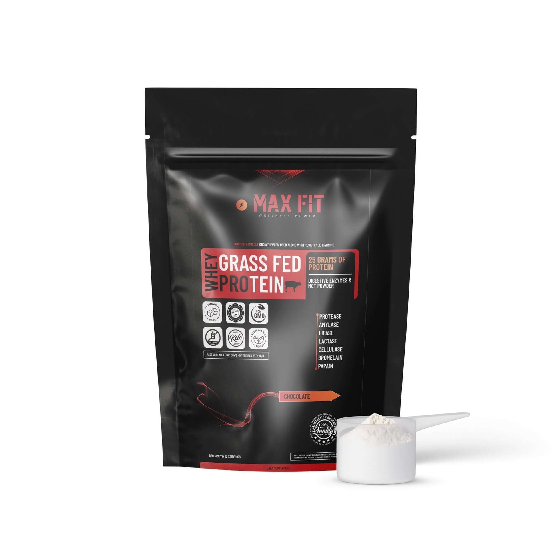 Prémiový proteínový prášok – Whey koncentrát & izolát (grass - fed) + MCT & enzýmy – Vanilka alebo Čoko - MAX FIT