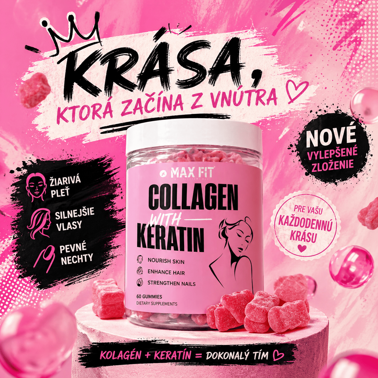 Vami obľúbená NOVINKA 🆕 - Kolagénové gumíky s Keratínom & Biotínom - MAX FIT